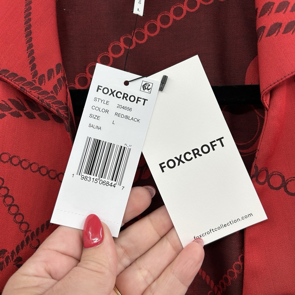 Foxcroft Womens Salina Chain Stripe Wrap Shirt Size L Red Black Career Old Money - Picture 6 of 11